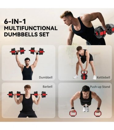 SPORTNOW 6-in-1 Adjustable Weight Dumbbells Set, Used as Kettlebell, Barbell, Dumbbell, Push-Up Stand, 20kg Free Weights Set for Men and Women Home Gym Training, Red