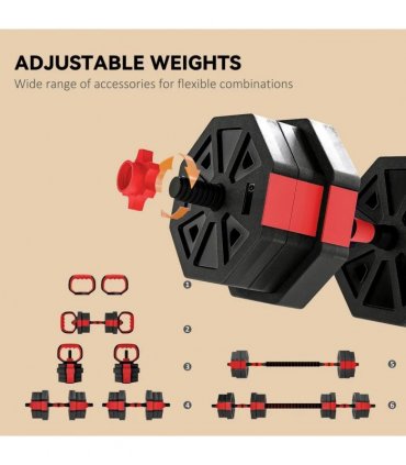SPORTNOW 6-in-1 Adjustable Weight Dumbbells Set, Used as Kettlebell, Barbell, Dumbbell, Push-Up Stand, 20kg Free Weights Set for Men and Women Home Gym Training, Red