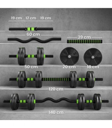 SPORTNOW 15 kg 3-in-1 Adjustable Dumbbell & Barbell Set with EZ Bar, Connecting Rod and Non-Slip Grip for Home Gym, Green