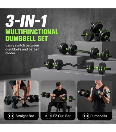 SPORTNOW 15 kg 3-in-1 Adjustable Dumbbell & Barbell Set with EZ Bar, Connecting Rod and Non-Slip Grip for Home Gym, Green