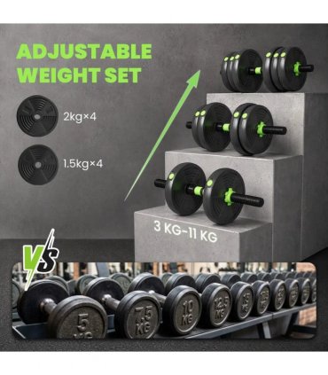 SPORTNOW 15 kg 3-in-1 Adjustable Dumbbell & Barbell Set with EZ Bar, Connecting Rod and Non-Slip Grip for Home Gym, Green