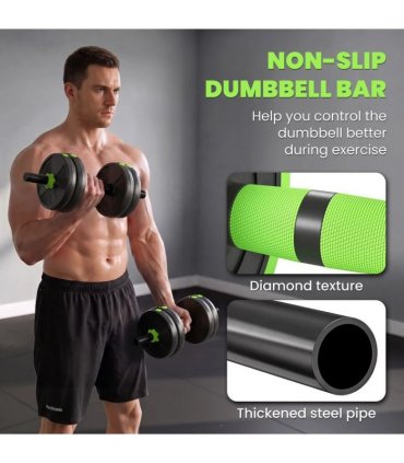 SPORTNOW 15 kg 3-in-1 Adjustable Dumbbell & Barbell Set with EZ Bar, Connecting Rod and Non-Slip Grip for Home Gym, Green