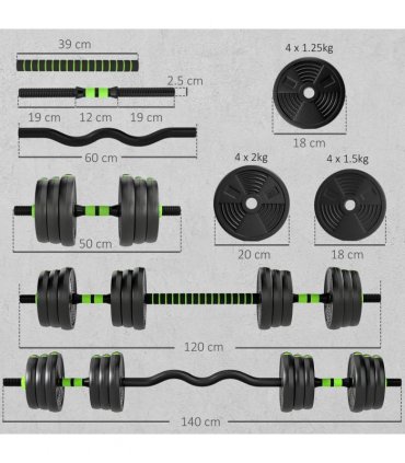 SPORTNOW 20 kg 3-in-1 Adjustable Dumbbell & Barbell Set with EZ Bar, Connecting Rod and Non-Slip Grip for Home Gym, Green