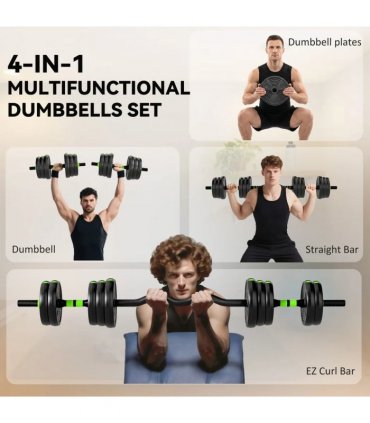 SPORTNOW 20 kg 3-in-1 Adjustable Dumbbell & Barbell Set with EZ Bar, Connecting Rod and Non-Slip Grip for Home Gym, Green