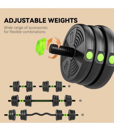 SPORTNOW 20 kg 3-in-1 Adjustable Dumbbell & Barbell Set with EZ Bar, Connecting Rod and Non-Slip Grip for Home Gym, Green
