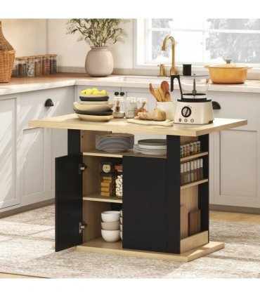 HOMCOM Kitchen Island with Spice Rack, Kitchen Storage with Large Tabletop for 4 People, Adjustable Shelves Black & Natural