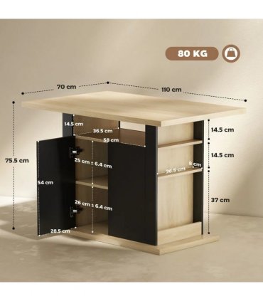 HOMCOM Kitchen Island with Spice Rack, Kitchen Storage with Large Tabletop for 4 People, Adjustable Shelves Black & Natural