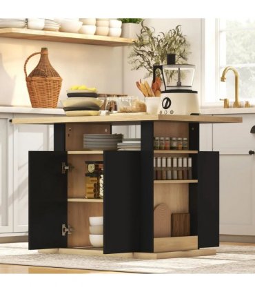 HOMCOM Kitchen Island with Spice Rack, Kitchen Storage with Large Tabletop for 4 People, Adjustable Shelves Black & Natural