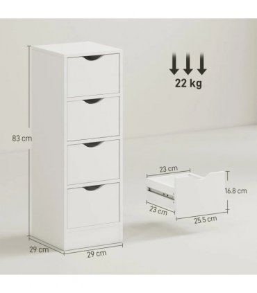 HOMCOM 4-Drawer Bathroom Cabinet, Freestanding Narrow Storage Cabinet with Groove Handles for Small Spaces, White