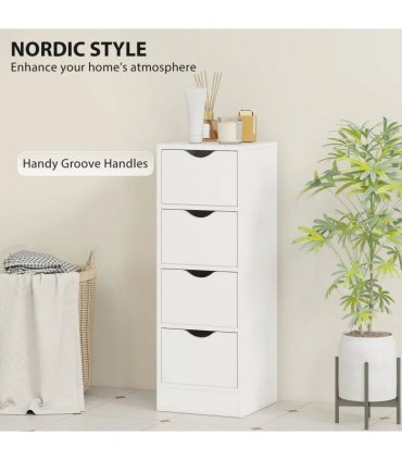 HOMCOM 4-Drawer Bathroom Cabinet, Freestanding Narrow Storage Cabinet with Groove Handles for Small Spaces, White