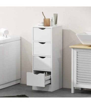 HOMCOM 4-Drawer Bathroom Cabinet, Freestanding Narrow Storage Cabinet with Groove Handles for Small Spaces, White