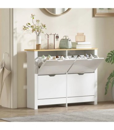 HOMCOM Slim Shoe Cabinet, Narrow Shoe Cupboard with 4 Flip Drawers, Adjustable Shelves for 16 Pairs of Shoes, White
