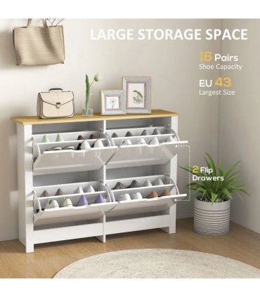 HOMCOM Slim Shoe Cabinet, Narrow Shoe Cupboard with 4 Flip Drawers, Adjustable Shelves for 16 Pairs of Shoes, White