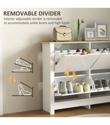 HOMCOM Slim Shoe Cabinet, Narrow Shoe Cupboard with 4 Flip Drawers, Adjustable Shelves for 16 Pairs of Shoes, White
