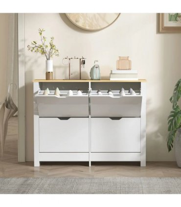 HOMCOM Slim Shoe Cabinet, Narrow Shoe Cupboard with 4 Flip Drawers, Adjustable Shelves for 16 Pairs of Shoes, White