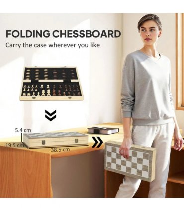 SPORTNOW 15 Inch Chess Set, Foldable Chess and Draughts Set, Brown