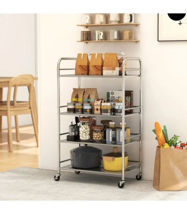 HOMCOM 4 Tier Stainless Steel Kitchen Storage Trolley with Adjustable Shelves - Silver