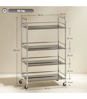 HOMCOM 4 Tier Stainless Steel Kitchen Storage Trolley with Adjustable Shelves - Silver