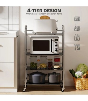 HOMCOM 4 Tier Stainless Steel Kitchen Storage Trolley with Adjustable Shelves - Silver