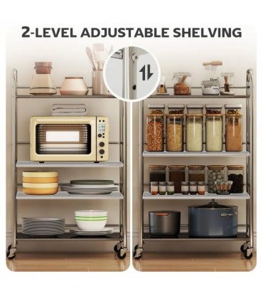 HOMCOM 4 Tier Stainless Steel Kitchen Storage Trolley with Adjustable Shelves - Silver