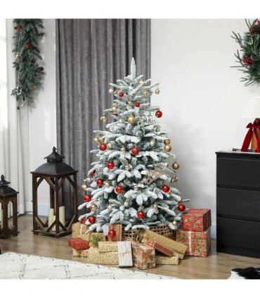 HOMCOM 5 ft Artificial Flocked Christmas Tree with 717 Branches, Hinged Xmas Tree with Foldable Metal Stand, Easy Assembly for Home Office Decor