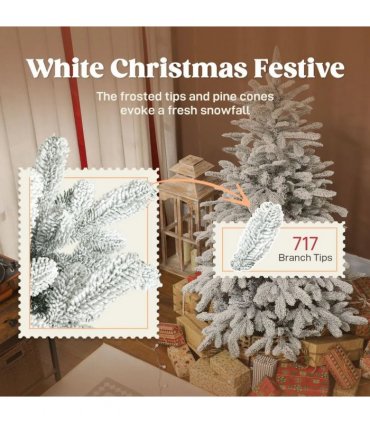 HOMCOM 5 ft Artificial Flocked Christmas Tree with 717 Branches, Hinged Xmas Tree with Foldable Metal Stand, Easy Assembly for Home Office Decor