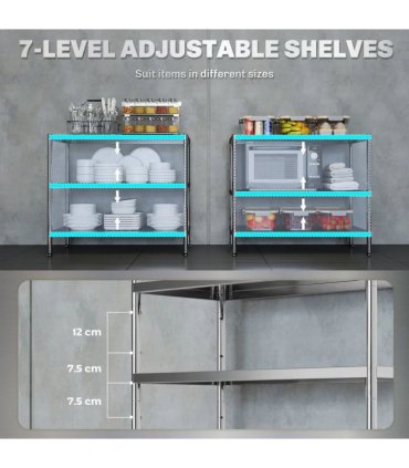 HOMCOM 3-Tier Bakers Rack with Storage, Stainless Steel Microwave Stand with Adjustable Shelves for Small Spaces, Kitchen Storage Unit for Spices, Pots and Pans, Silver Tone