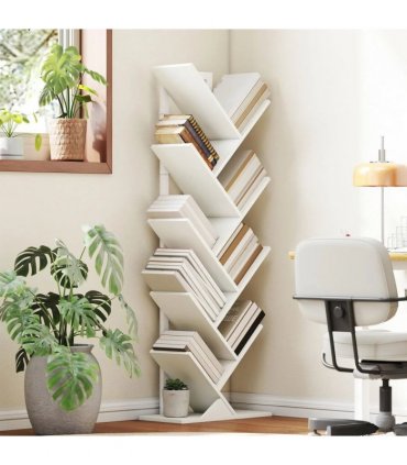 HOMCOM 9-Tier Tree Bookshelf, Industrial Free Standing Bookcase with Steel Frame, Display Storage White