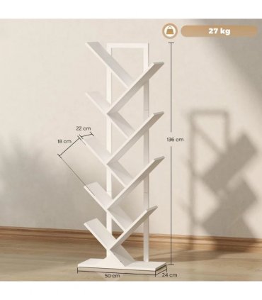 HOMCOM 9-Tier Tree Bookshelf, Industrial Free Standing Bookcase with Steel Frame, Display Storage White