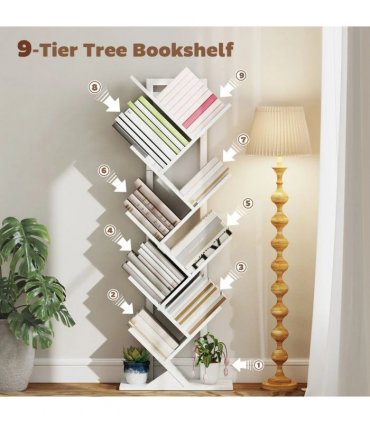 HOMCOM 9-Tier Tree Bookshelf, Industrial Free Standing Bookcase with Steel Frame, Display Storage White