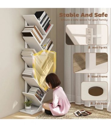 HOMCOM 9-Tier Tree Bookshelf, Industrial Free Standing Bookcase with Steel Frame, Display Storage White