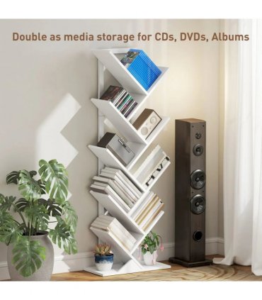 HOMCOM 9-Tier Tree Bookshelf, Industrial Free Standing Bookcase with Steel Frame, Display Storage White