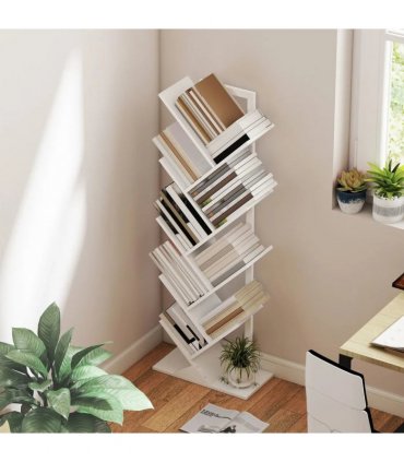 HOMCOM 9-Tier Tree Bookshelf, Industrial Free Standing Bookcase with Steel Frame, Display Storage White