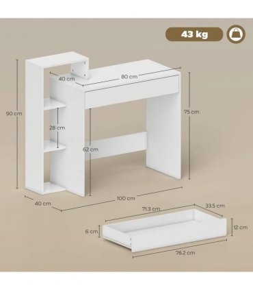 HOMCOM Desk with Storage, Computer Desk with 3 Open Shelves and Drawer, Workstation, Computer Table, White