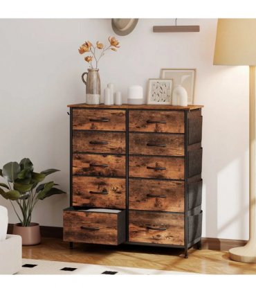 HOMCOM Chest of Ten Fabric Drawers - Rustic Brown