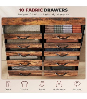 HOMCOM Chest of Ten Fabric Drawers - Rustic Brown
