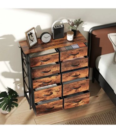 HOMCOM Chest of Ten Fabric Drawers - Rustic Brown