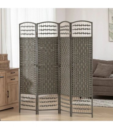 HOMCOM 4 Panel Folding Privacy Screen, Room Divider with Pine Wood Frame for Living Room and Office, Dark Grey