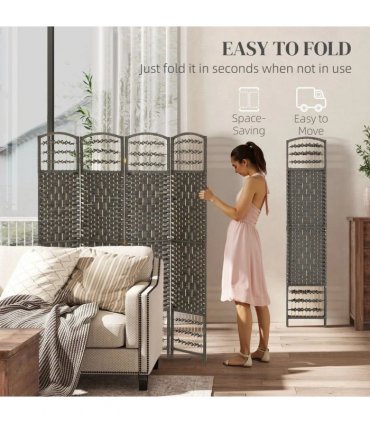 HOMCOM 4 Panel Folding Privacy Screen, Room Divider with Pine Wood Frame for Living Room and Office, Dark Grey