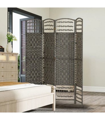 HOMCOM 4 Panel Folding Privacy Screen, Room Divider with Pine Wood Frame for Living Room and Office, Dark Grey