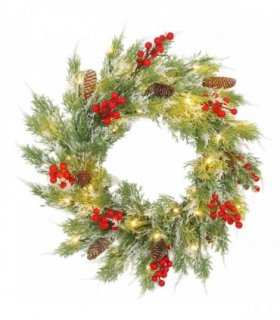 HOMCOM 60 cm Prelit Christmas Wreath, Door Wreath with Realistic Branches, 30 Warm White LEDs, Timer, Battery Operated