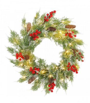 HOMCOM 60 cm Prelit Christmas Wreath, Door Wreath with Realistic Branches, 30 Warm White LEDs, Timer, Battery Operated