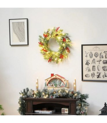 HOMCOM 60 cm Prelit Christmas Wreath, Door Wreath with Realistic Branches, 30 Warm White LEDs, Timer, Battery Operated