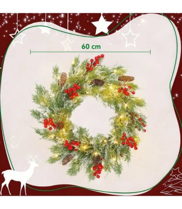 HOMCOM 60 cm Prelit Christmas Wreath, Door Wreath with Realistic Branches, 30 Warm White LEDs, Timer, Battery Operated