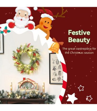 HOMCOM 60 cm Prelit Christmas Wreath, Door Wreath with Realistic Branches, 30 Warm White LEDs, Timer, Battery Operated