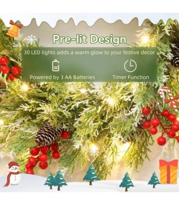 HOMCOM 60 cm Prelit Christmas Wreath, Door Wreath with Realistic Branches, 30 Warm White LEDs, Timer, Battery Operated