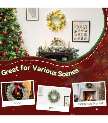 HOMCOM 60 cm Prelit Christmas Wreath, Door Wreath with Realistic Branches, 30 Warm White LEDs, Timer, Battery Operated