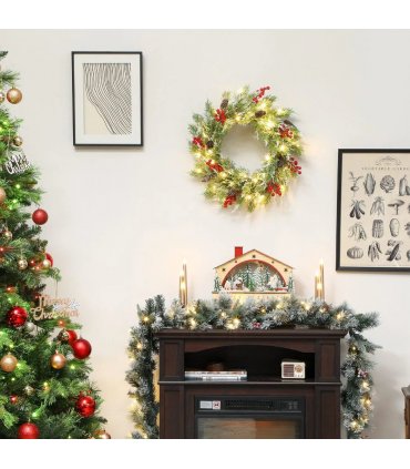 HOMCOM 60 cm Prelit Christmas Wreath, Door Wreath with Realistic Branches, 30 Warm White LEDs, Timer, Battery Operated