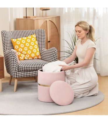 HOMCOM Velvet-Feel Storage Ottoman - Pink