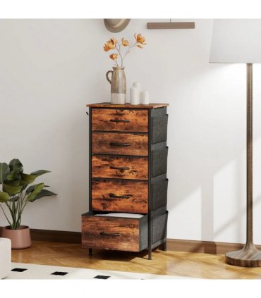 HOMCOM Chest of Five Fabric Drawers - Rustic Brown